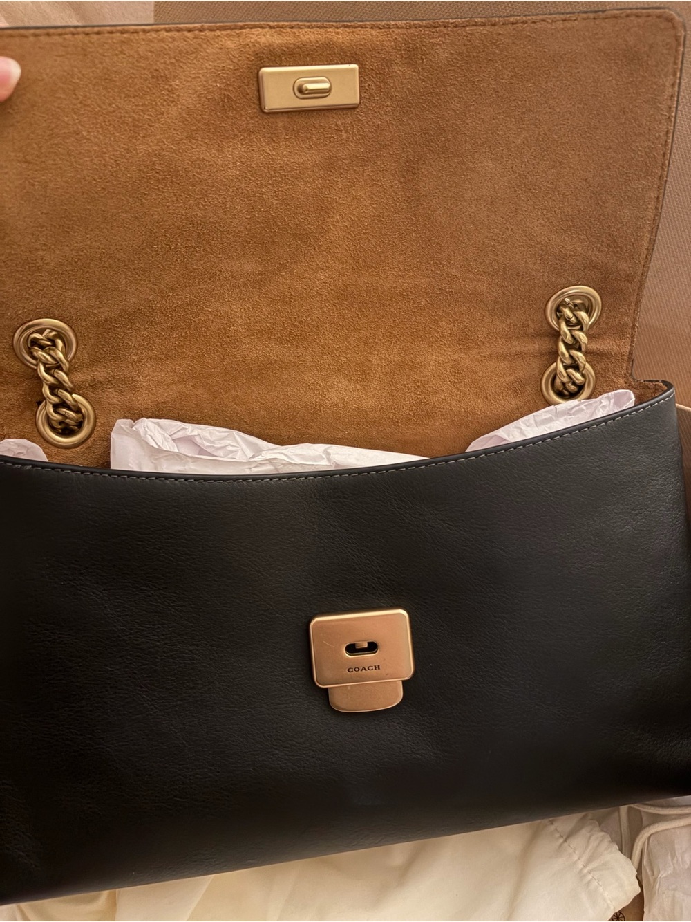 SOLD- Coach Chelsea 30 Black w/ Brass Chain Strap - Picture 2 of 11